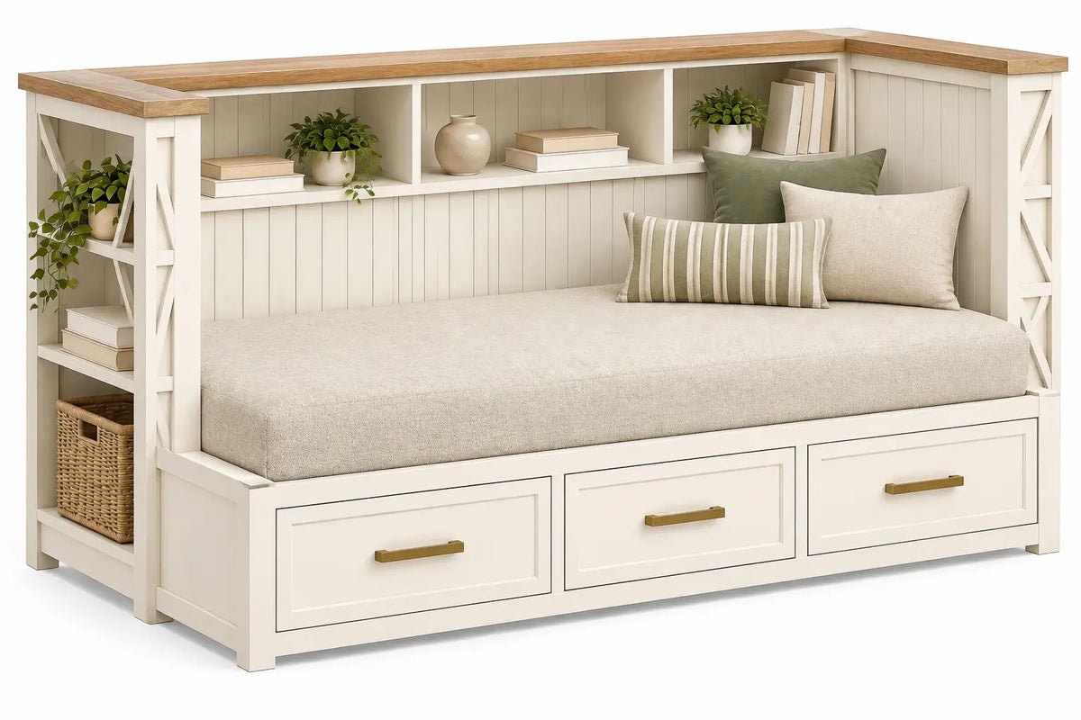 Panca, cassetti inferiori e ripiani dietro lo schienale, beige/marrone