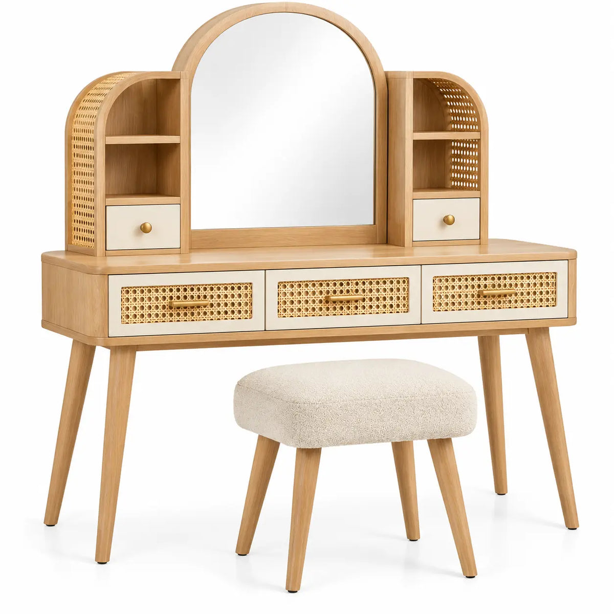 Mobile da toeletta con specchio, specchio arcuato, ripiani e sgabello, marrone/beige