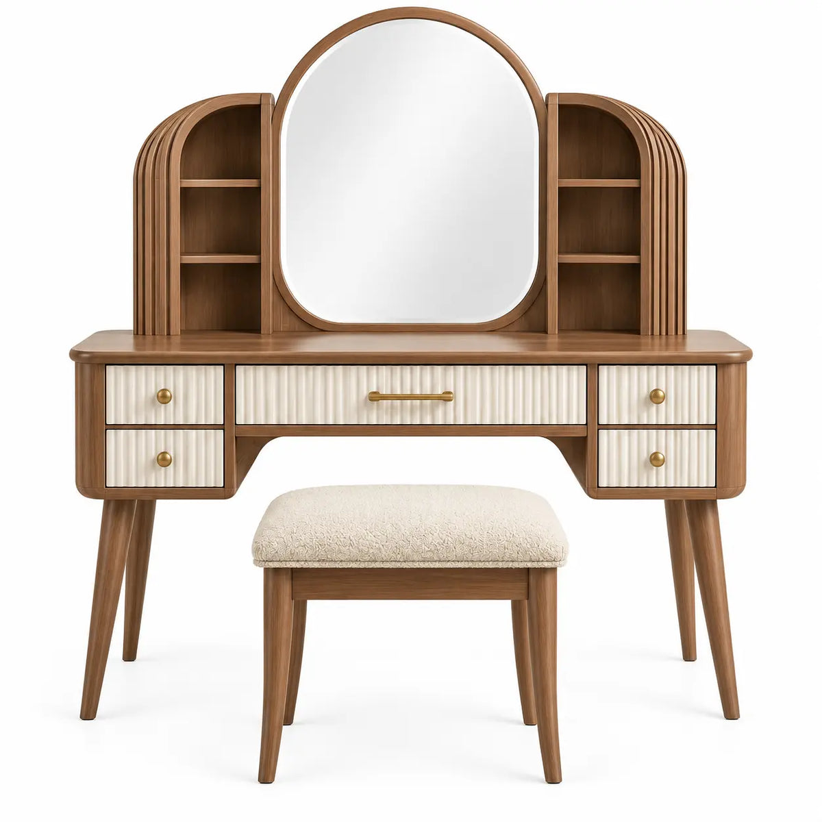 Mobile da toeletta con specchio, specchio arrotondato, ripiani e sgabello, marrone/beige