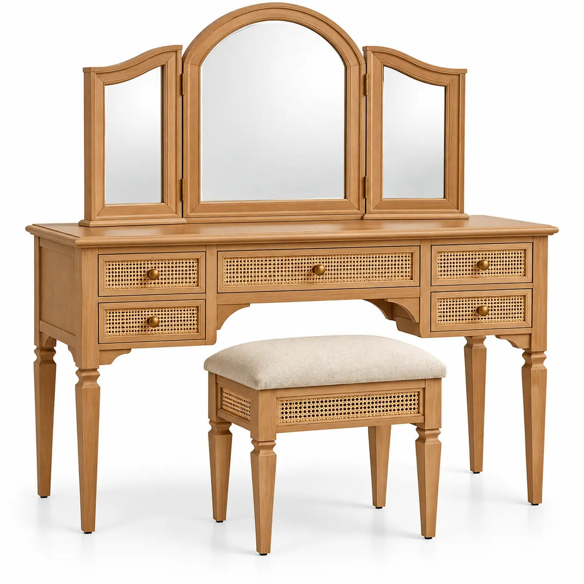 Mobile da toeletta con specchio, specchio a tre sezioni e sgabello, marrone/beige