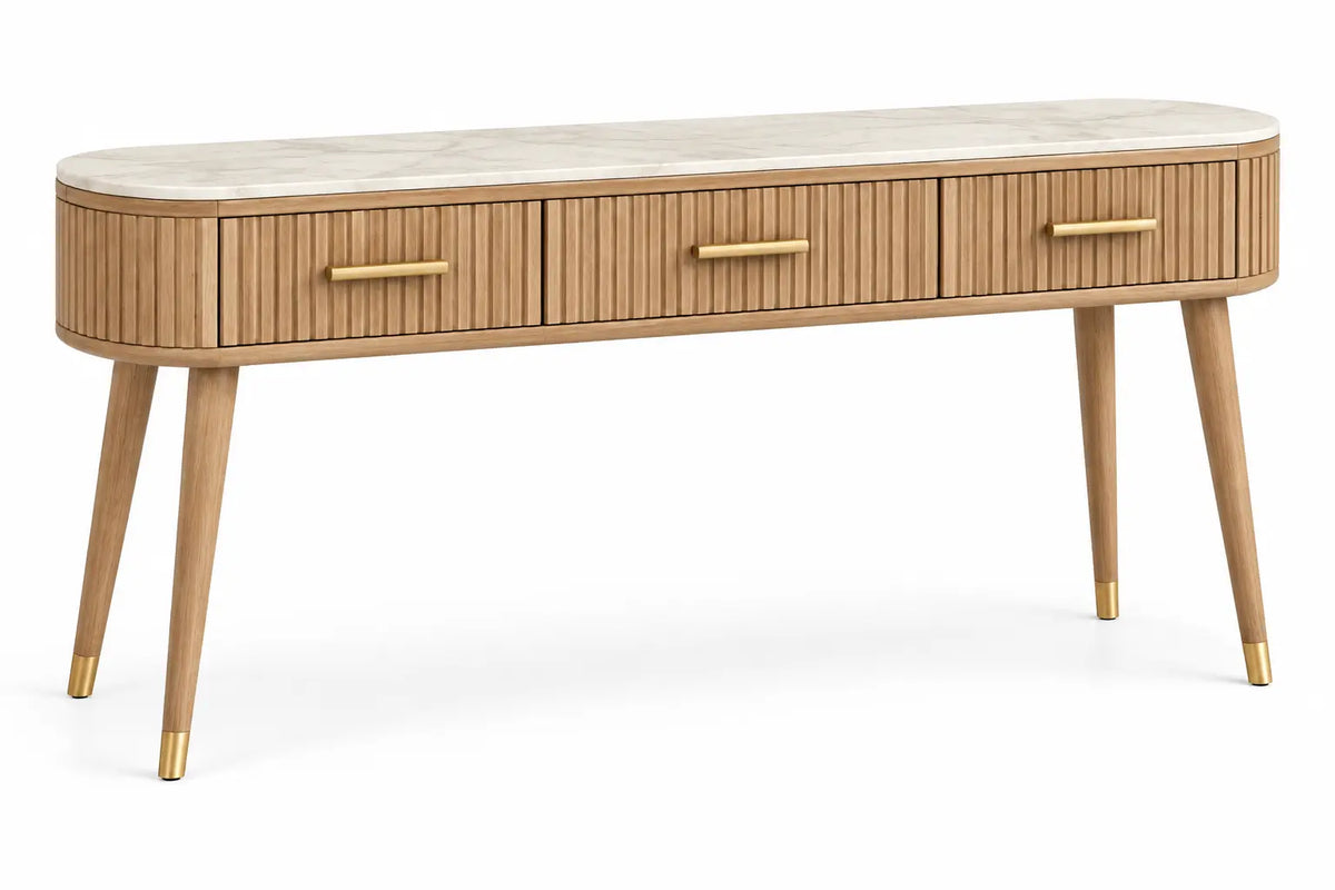 Consolle, tre cassetti con frontali scanalati, marrone/beige
