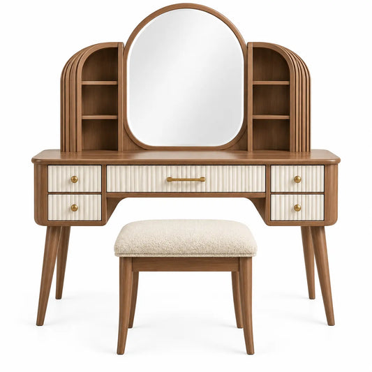 Mobile da toeletta con specchio, specchio arrotondato, ripiani e sgabello, marrone/beige