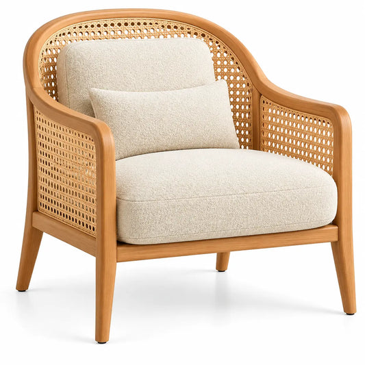 Poltrona, schienale curvo intrecciato e cuscini, marrone/beige