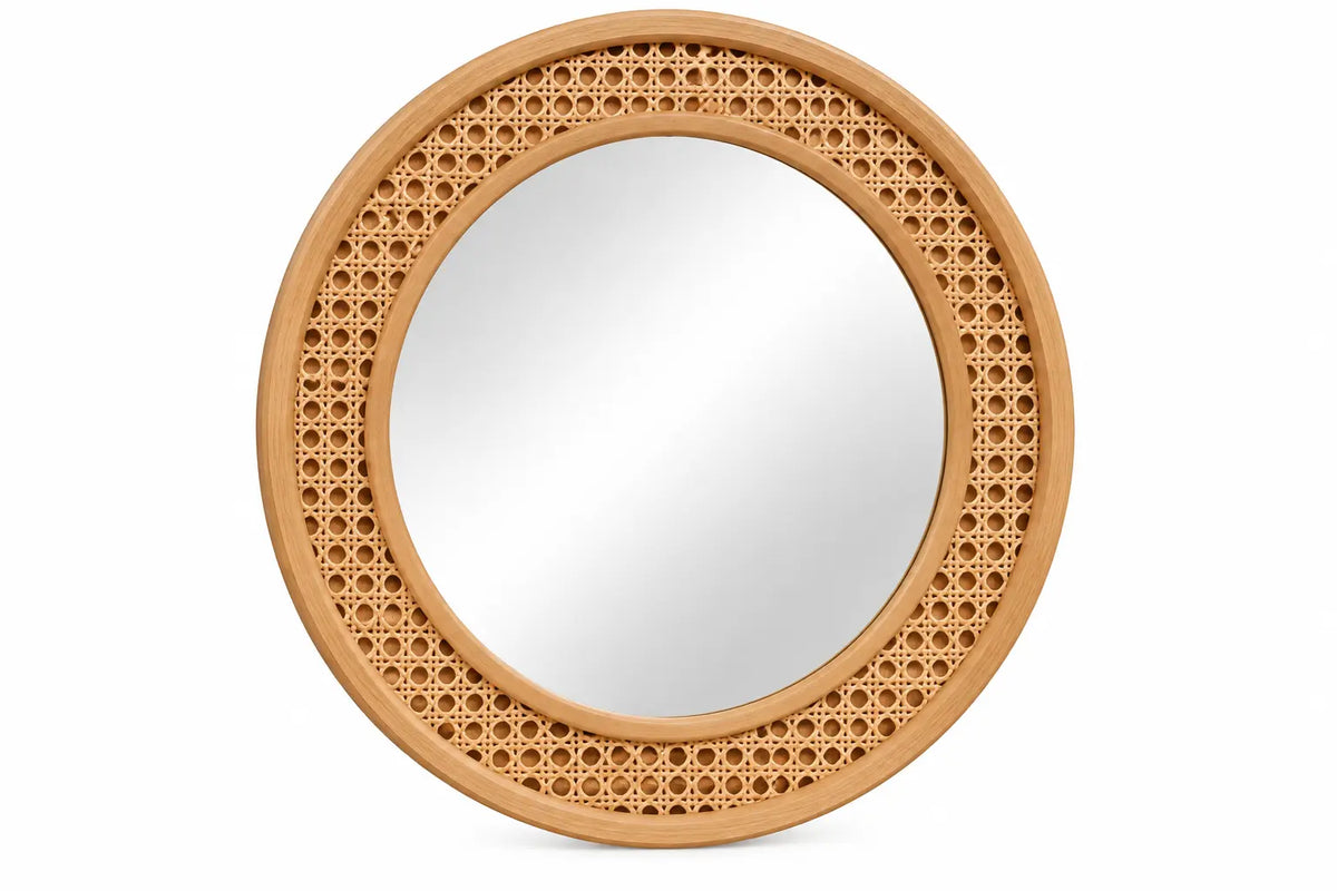 Specchio da parete, forma rotonda e cornice intrecciata, marrone