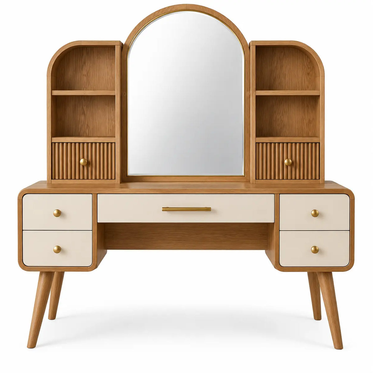 Mobile da toeletta con specchio, specchio ad arco e ripiani laterali, marrone/beige