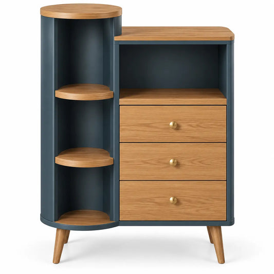 Credenza, tre cassetti e ripiani laterali arrotondati, blu/marrone