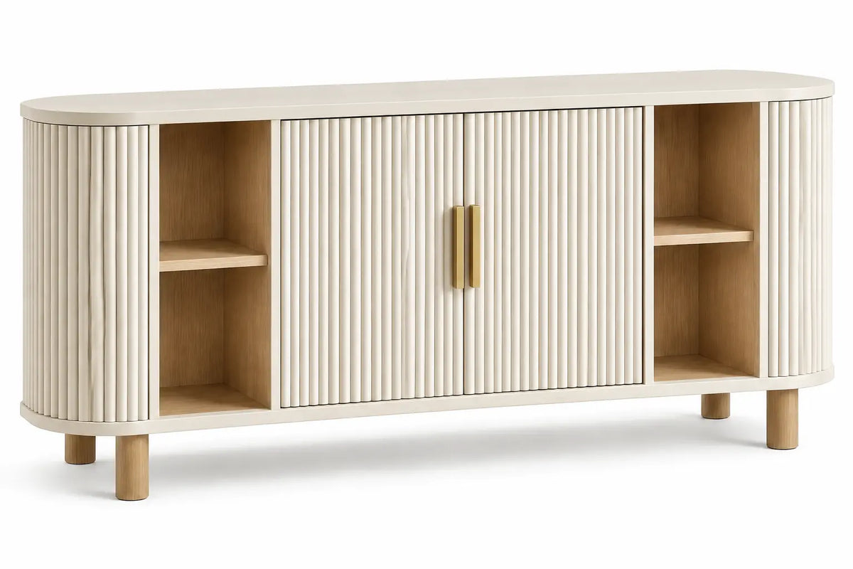 Credenza, ante scanalate e vani laterali aperti, beige/marrone