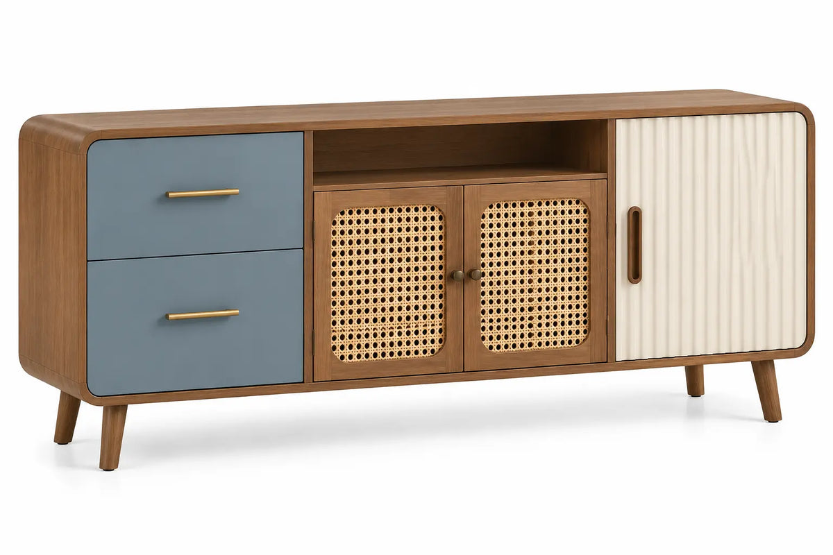 Mobile porta televisore, cassetti laterali e ante con finiture differenti, marrone/blu/beige